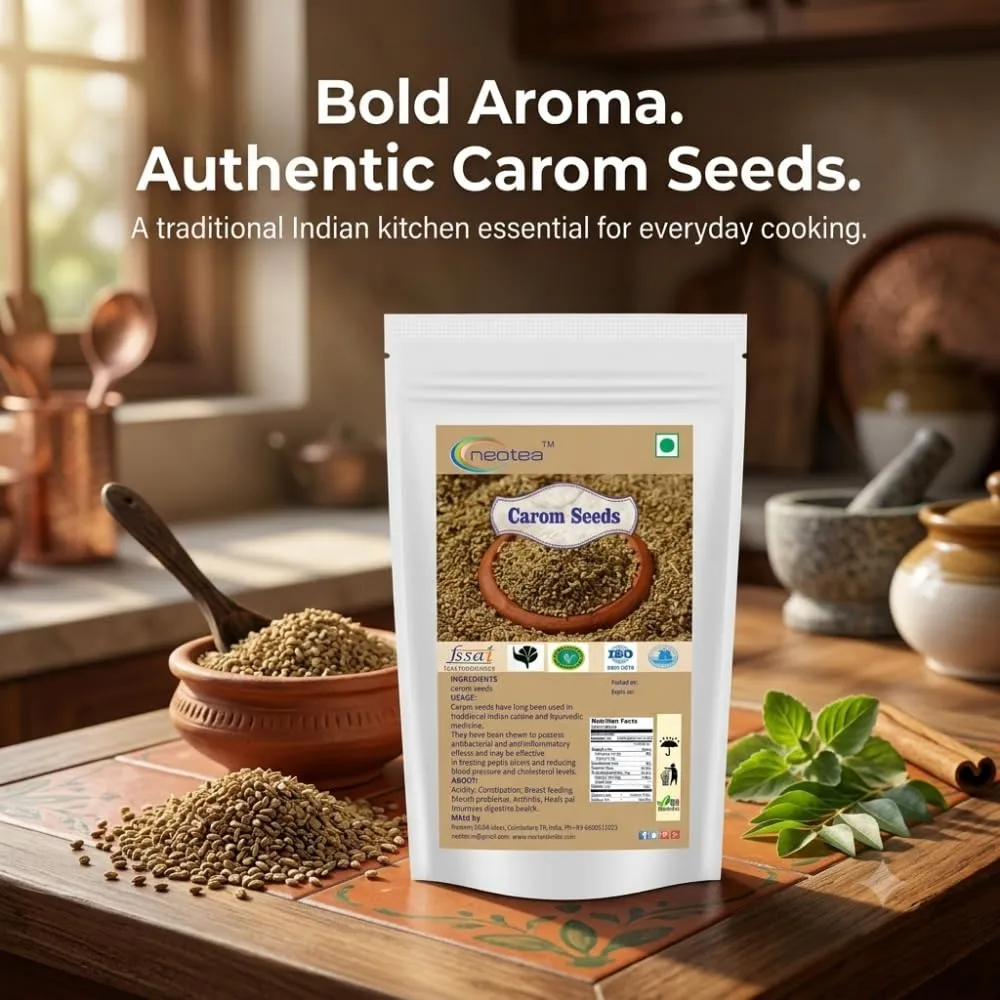 Carom Seeds (Ajwain) | 100% Natural Whole Carom Seeds | Premium Quality Ajwain for Cooking, Seasoning & Traditional Recipes | Aromatic Indian Spice for Everyday Kitchen Use | Carefully Packed