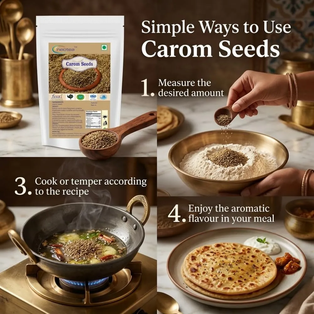 Carom Seeds (Ajwain) | 100% Natural Whole Carom Seeds | Premium Quality Ajwain for Cooking, Seasoning & Traditional Recipes | Aromatic Indian Spice for Everyday Kitchen Use | Carefully Packed