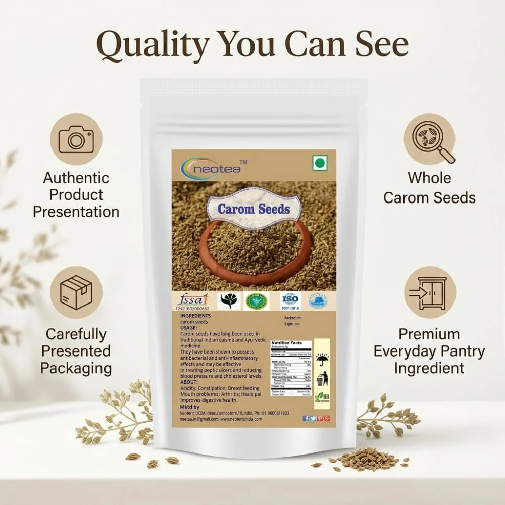 Carom Seeds (Ajwain) | 100% Natural Whole Carom Seeds | Premium Quality Ajwain for Cooking, Seasoning & Traditional Recipes | Aromatic Indian Spice for Everyday Kitchen Use | Carefully Packed