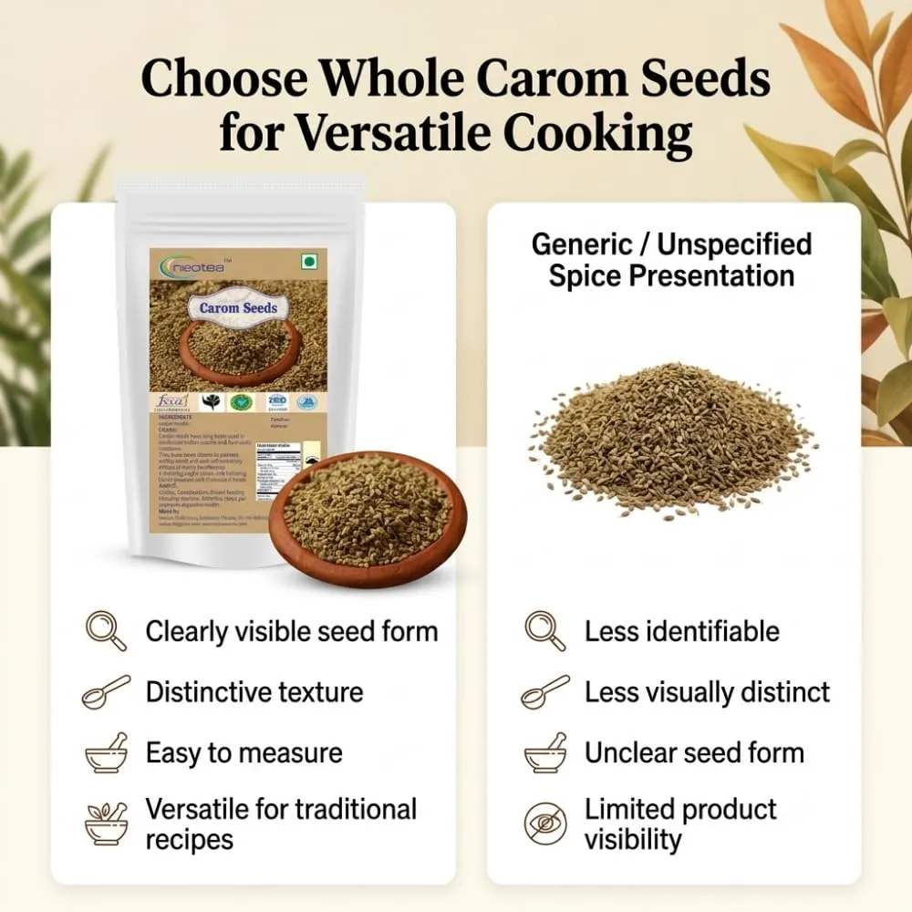 Carom Seeds (Ajwain) | 100% Natural Whole Carom Seeds | Premium Quality Ajwain for Cooking, Seasoning & Traditional Recipes | Aromatic Indian Spice for Everyday Kitchen Use | Carefully Packed