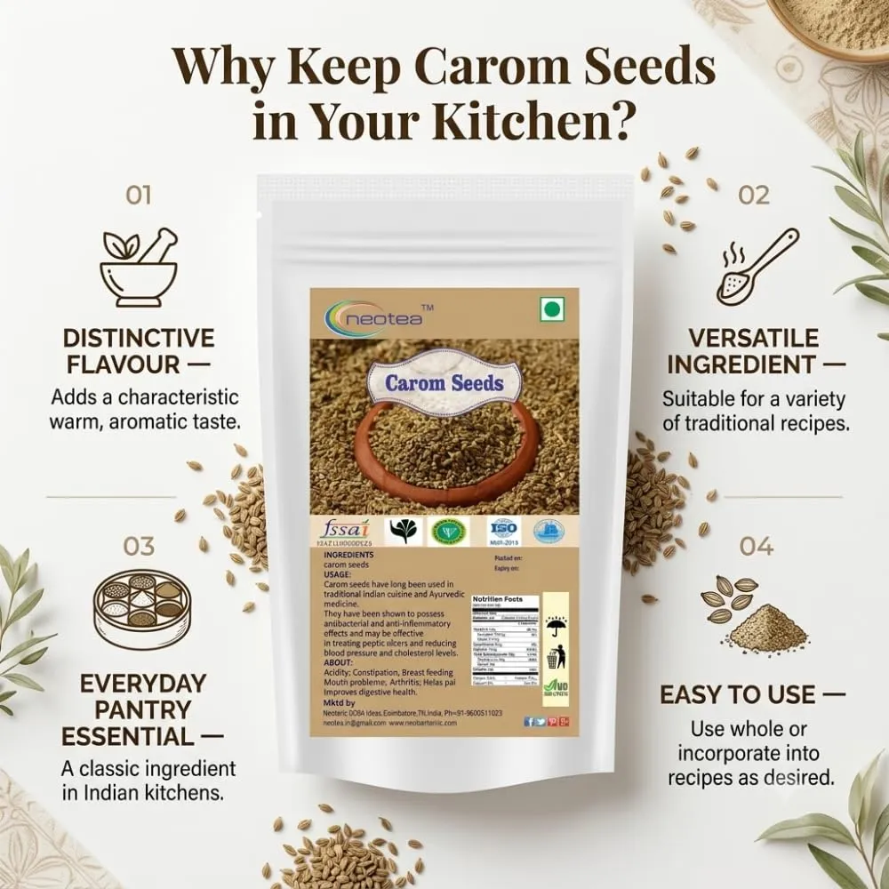Carom Seeds (Ajwain) | 100% Natural Whole Carom Seeds | Premium Quality Ajwain for Cooking, Seasoning & Traditional Recipes | Aromatic Indian Spice for Everyday Kitchen Use | Carefully Packed