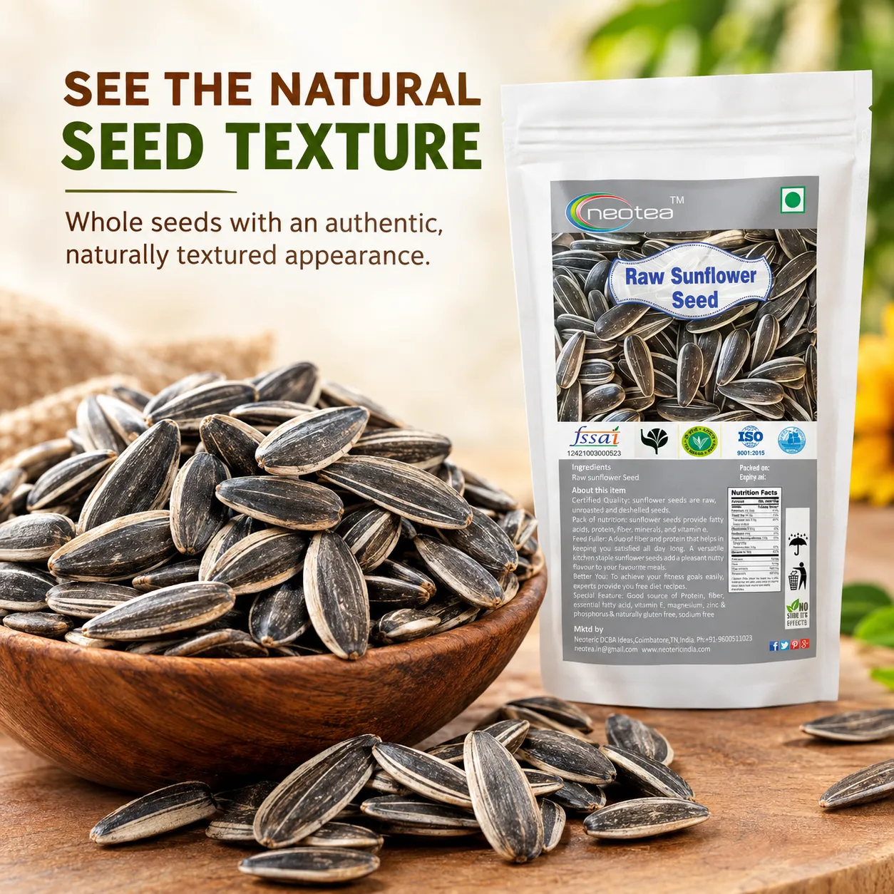 Sunflower Seeds 100% Natural Raw Whole Seeds | Premium Quality Hulled-Free Sunflower Seeds for Everyday Cooking, Snacking, Baking, Salads & Homemade Recipes | Carefully Cleaned & Packed