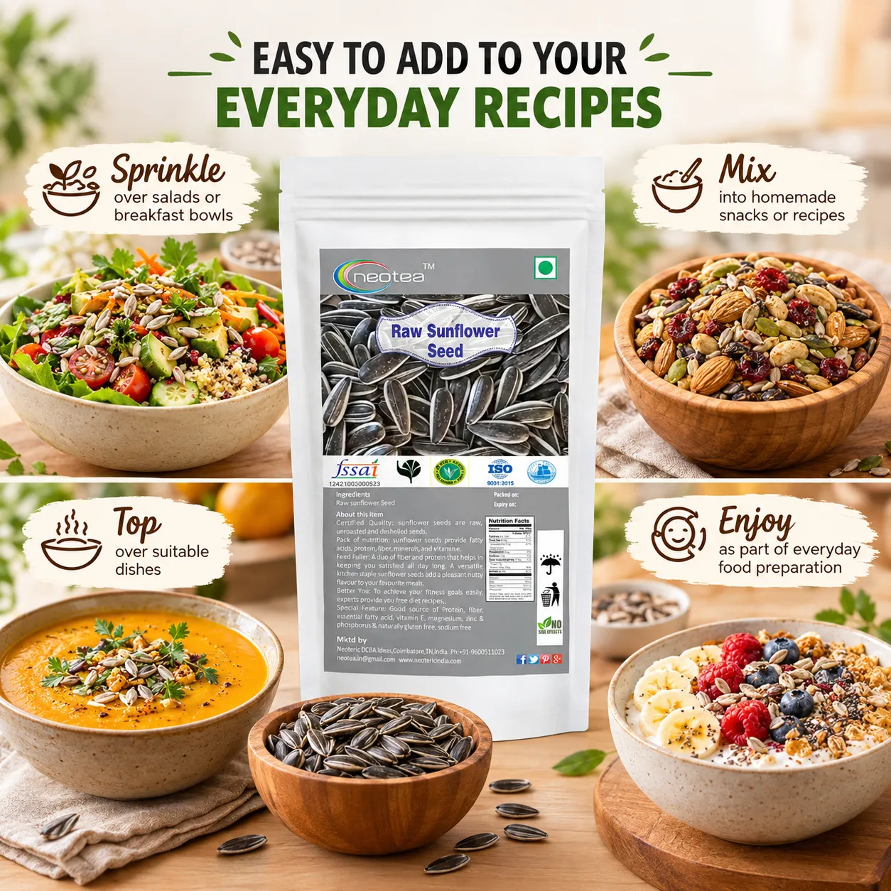 Sunflower Seeds 100% Natural Raw Whole Seeds | Premium Quality Hulled-Free Sunflower Seeds for Everyday Cooking, Snacking, Baking, Salads & Homemade Recipes | Carefully Cleaned & Packed