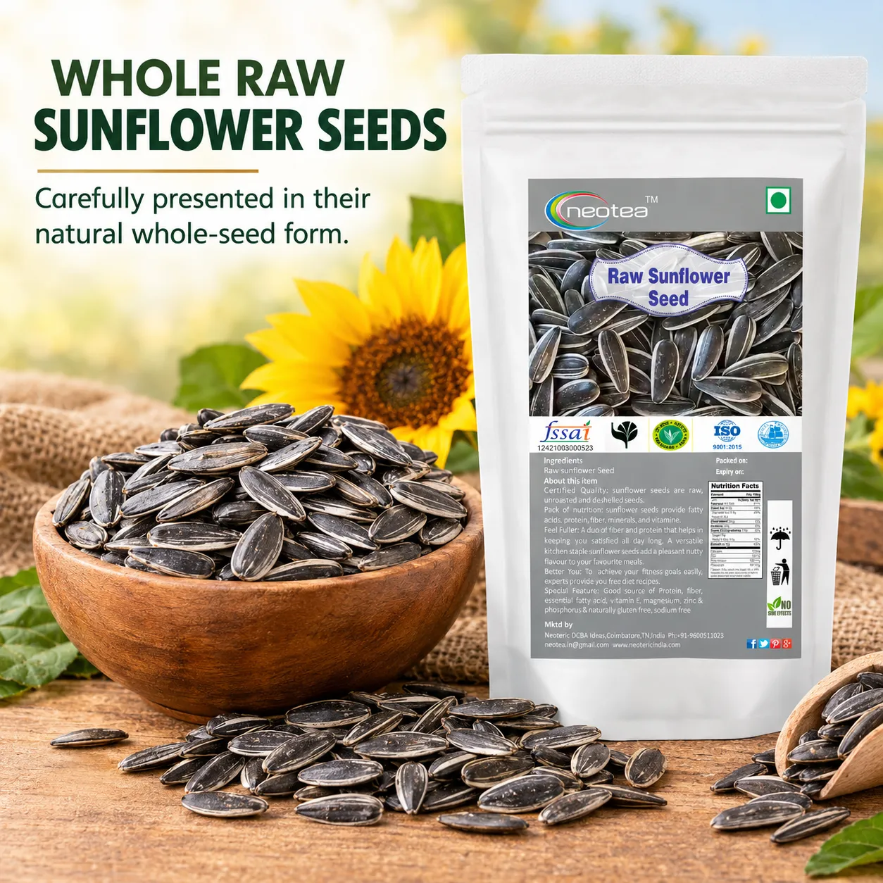 Sunflower Seeds 100% Natural Raw Whole Seeds | Premium Quality Hulled-Free Sunflower Seeds for Everyday Cooking, Snacking, Baking, Salads & Homemade Recipes | Carefully Cleaned & Packed