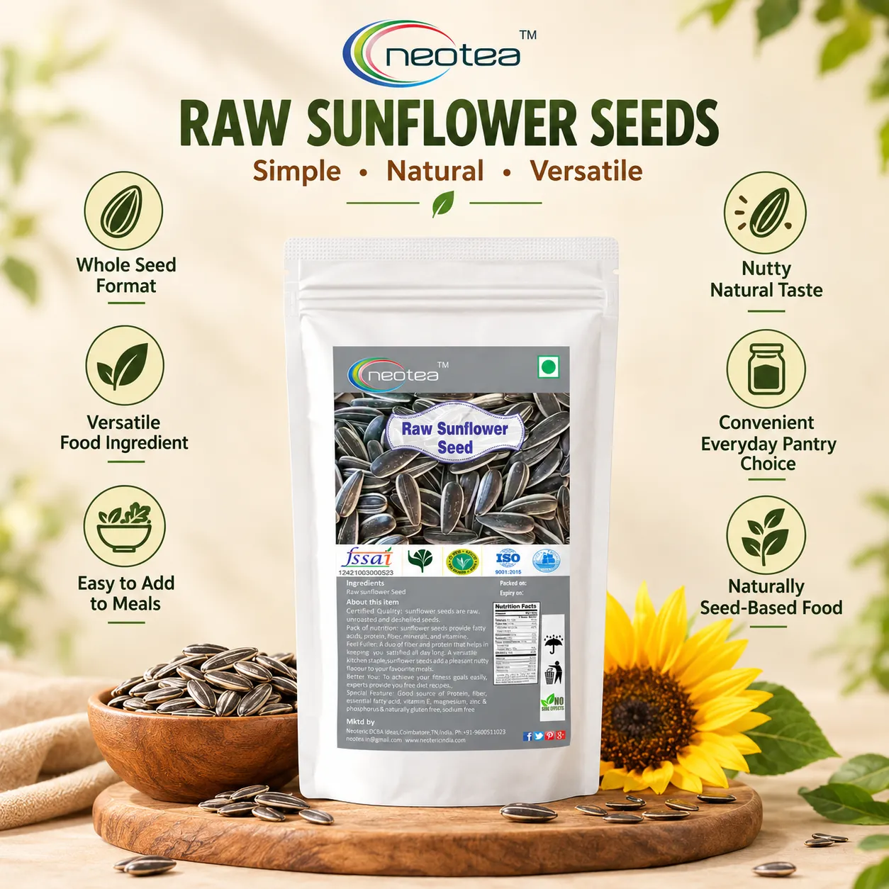 Sunflower Seeds 100% Natural Raw Whole Seeds | Premium Quality Hulled-Free Sunflower Seeds for Everyday Cooking, Snacking, Baking, Salads & Homemade Recipes | Carefully Cleaned & Packed