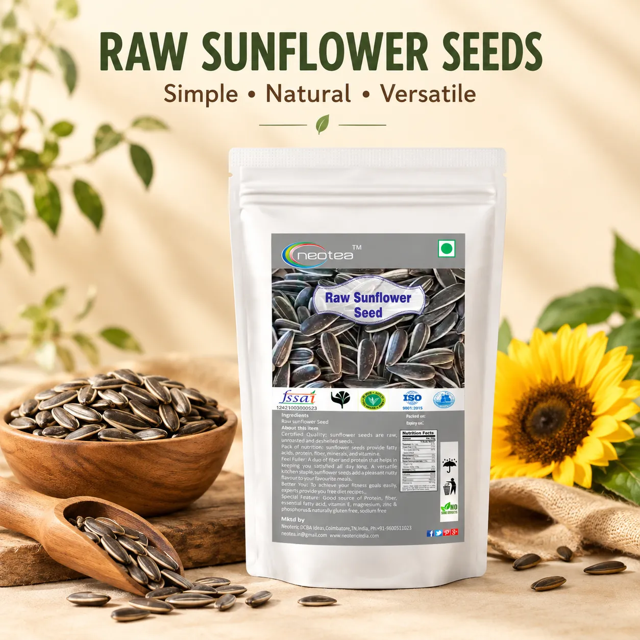 Sunflower Seeds 100% Natural Raw Whole Seeds | Premium Quality Hulled-Free Sunflower Seeds for Everyday Cooking, Snacking, Baking, Salads & Homemade Recipes | Carefully Cleaned & Packed