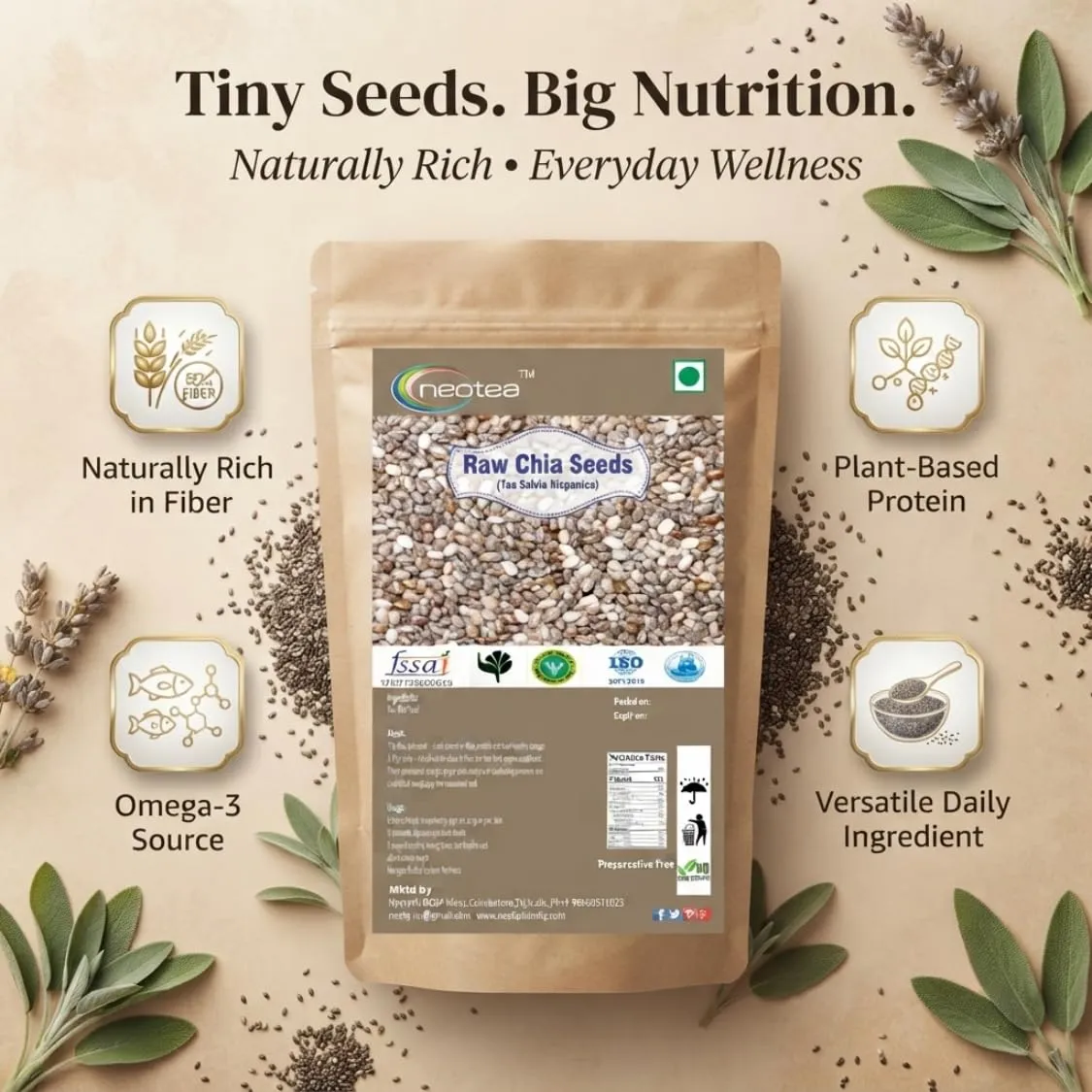 Chia Seeds Whole Natural Raw Herbal Seeds for Daily Use, Premium Quality Edible Chia Seeds, Plant-Based Source of Fibre, Omega-3 & Protein, Healthy Food Ingredient