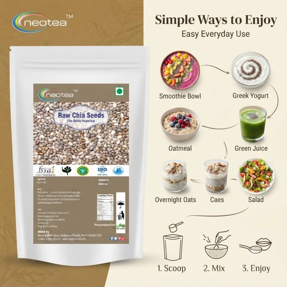 Chia Seeds Whole Natural Raw Herbal Seeds for Daily Use, Premium Quality Edible Chia Seeds, Plant-Based Source of Fibre, Omega-3 & Protein, Healthy Food Ingredient